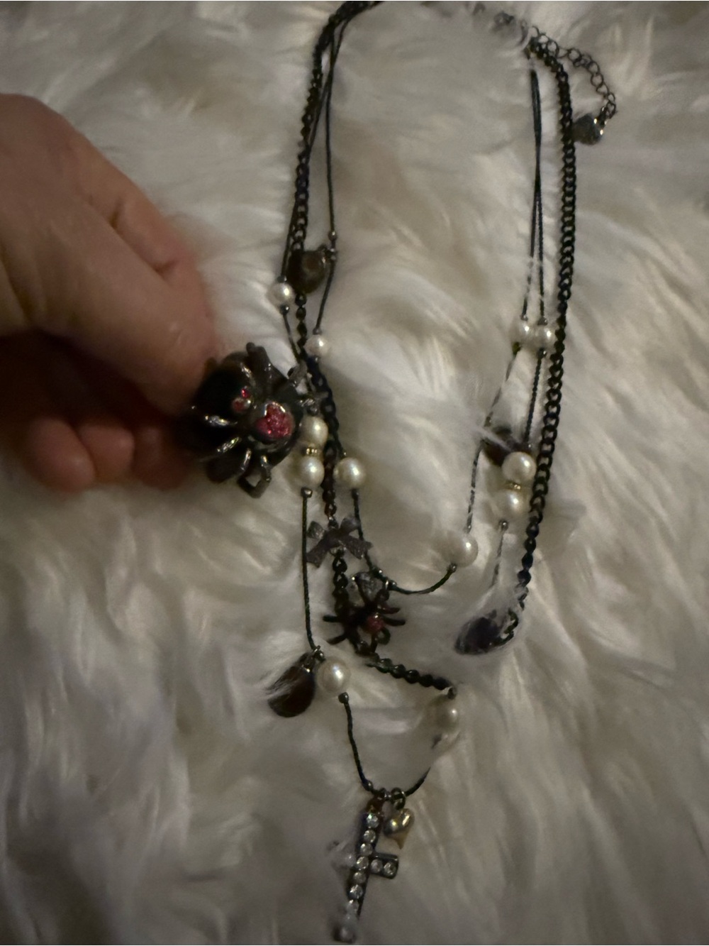 Betsey Johnson Black Multi-Strand Pearl Necklace with Cross and Spider Charm - Picture 3 of 5